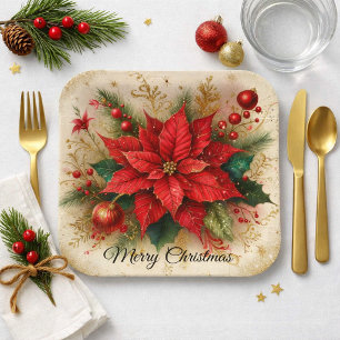 Elegant Red Poinsettia with Gold Christmas Paper Plates