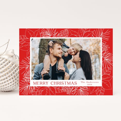 Elegant Red Poinsettias and Pine Cones Photo Holiday Card