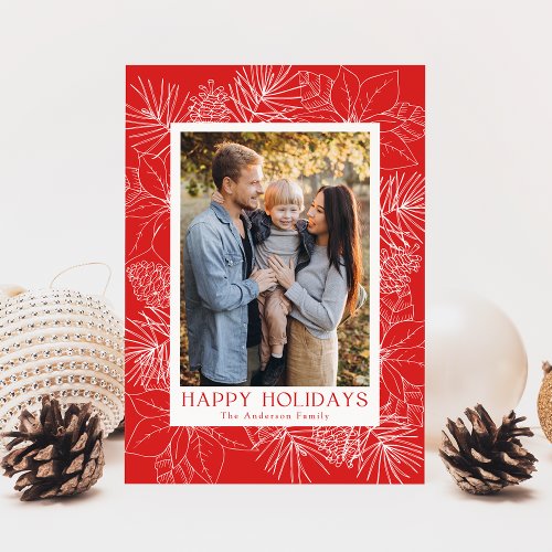 Elegant Red Poinsettias and Pine Cones Photo Holiday Card