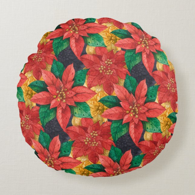 Elegant Red Poinsettias Christmas Holiday Round Pillow (Front)
