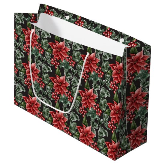 Elegant Red Poinsettias, Holly Berries, Greenery Large Gift Bag
