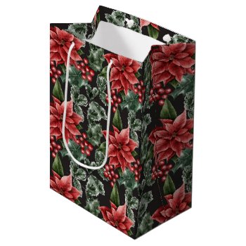 Elegant Red Poinsettias  Holly Berries  Greenery Medium Gift Bag by dmboyce at Zazzle