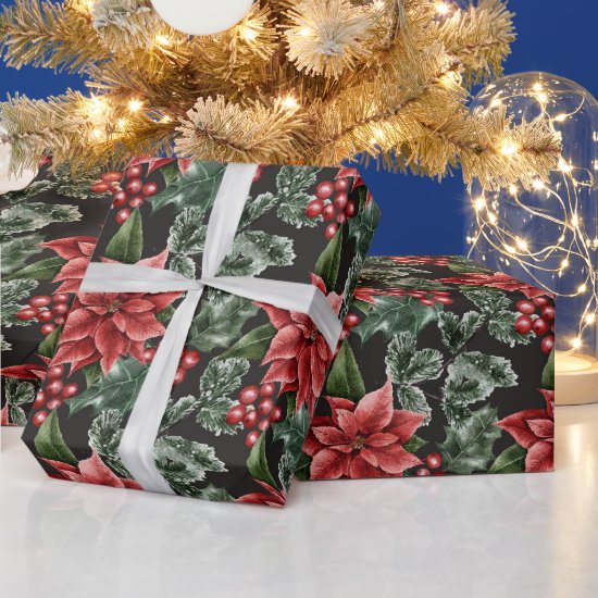 Elegant Red Poinsettias, Holly Berries, Greenery Wrapping Paper