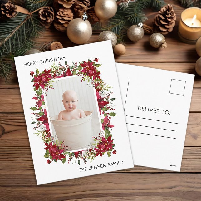 Elegant Red Poinsettias Photo Christmas Holiday Postcard (Elegant red poinsettias Christmas photo postcard)