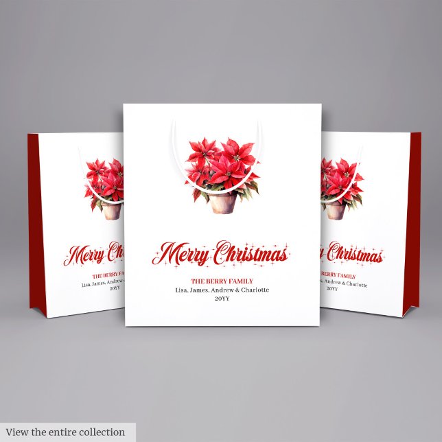 Elegant Red Poinsettias Script Font Holiday Bags (Elegant Red Poinsettia Watercolor Christmas Gift Bag)