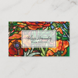 Elegant Red Poppies Floral Stained Glass QR Code Business Card