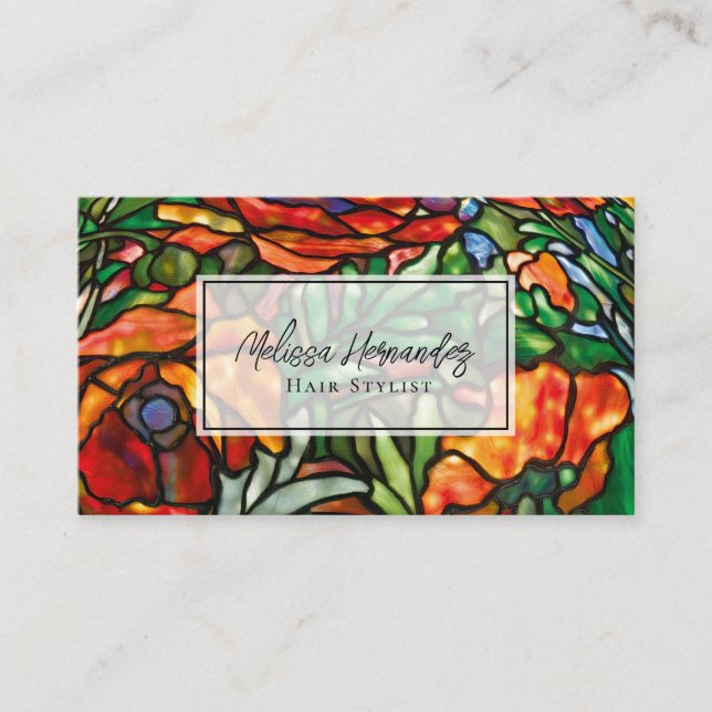 Elegant Red Poppies Floral Stained Glass QR Code Business Card (Front)