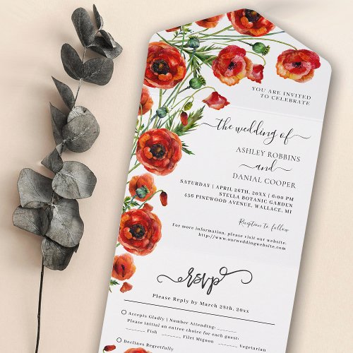 Elegant Red Poppies Floral Wedding All In One Invi All In One Invitation