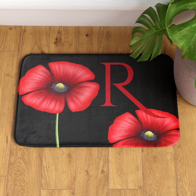 Elegant Red Poppies Monogram Black Bath Mat (Pop your initial on this pretty poppy bath mat and pop it in your bathroom)