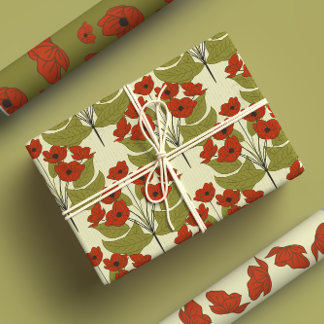 Elegant Red Poppies With Cute Green Leaves Wrapping Paper Sheets