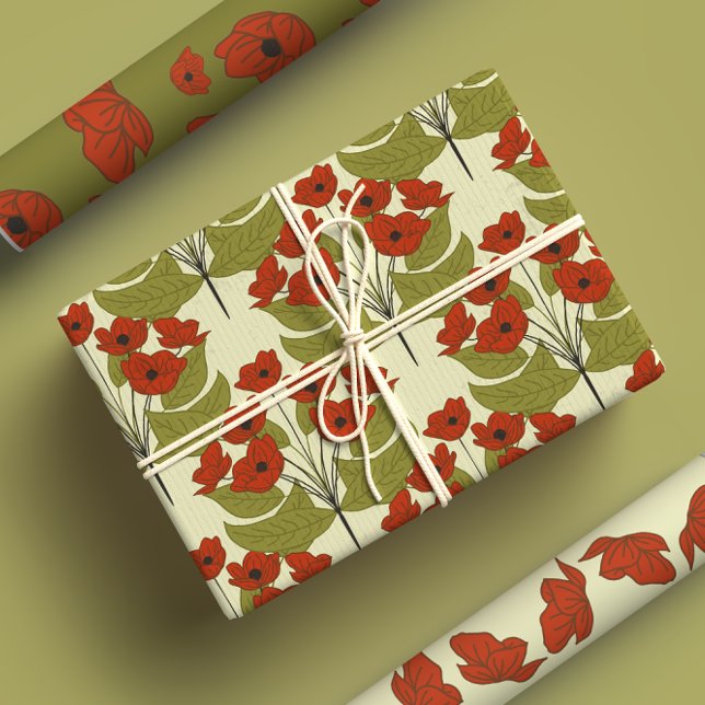 Elegant Red Poppies With Cute Green Leaves Wrapping Paper Sheets (Creator Uploaded)