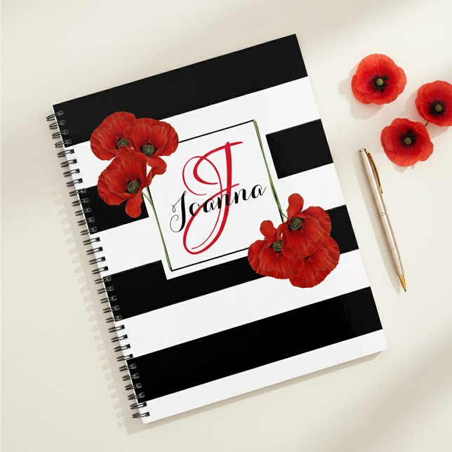 Elegant Red Poppy Black & White Stripe Monogram Planner (Creator Uploaded)