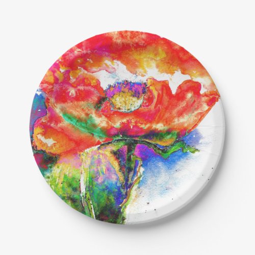 Elegant red poppy classic red floral watercolor  paper plates