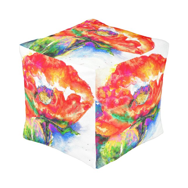 Elegant red poppy classic red floral watercolor  pouf (Angled Front)
