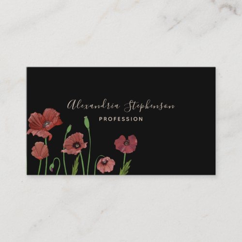Elegant red poppy floral on black business card