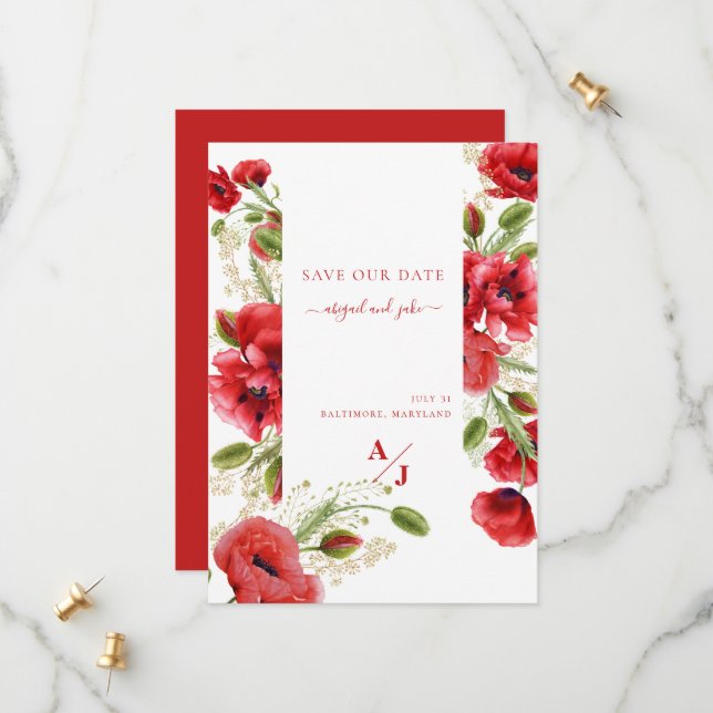 Elegant Red Poppy Floral  Save The Date (Front/Back In Situ)