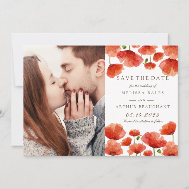 Elegant Red Poppy Flowers Photo Save the Date (Front)