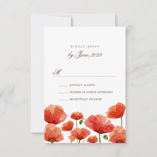 Elegant Red Poppy Flowers Wedding RSVP Card (Front)