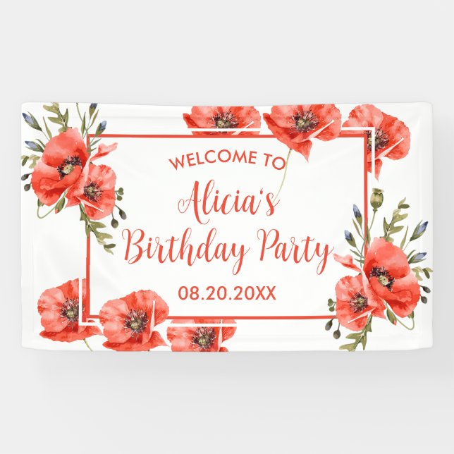 Elegant Red Poppy Greenery Fifty Birthday  Banner (Horizontal)
