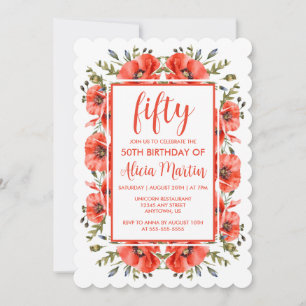 Elegant Red Poppy Greenery Fifty Birthday Invitation