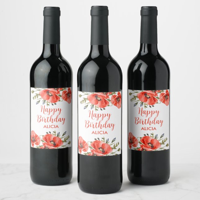 Elegant Red Poppy Greenery Fifty Birthday  Wine Label (Bottles)