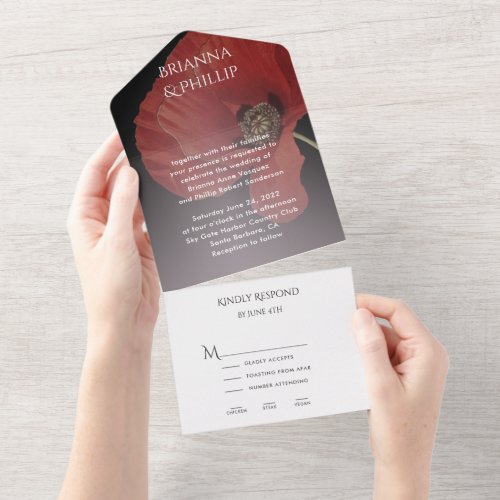 Elegant Red Poppy l menu options on RSVP  Wedding All In One Invitation