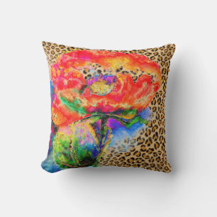Elegant Red Poppy painting - leopard print Throw Pillow