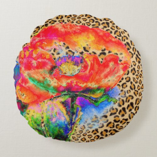 Elegant red poppy red floral leopard cheeta accent round pillow