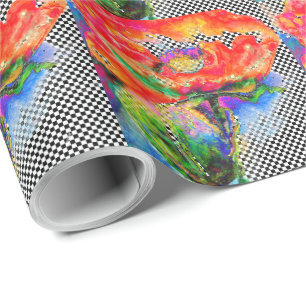 Elegant red poppy red floral watercolor checker wrapping paper