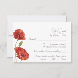 Elegant Red Poppy Watercolor Flowers Wedding RSVP Card