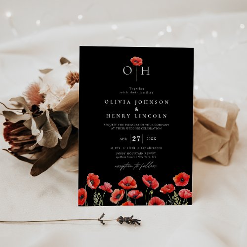 Elegant Red Poppy Wedding Monogram Black Invitation