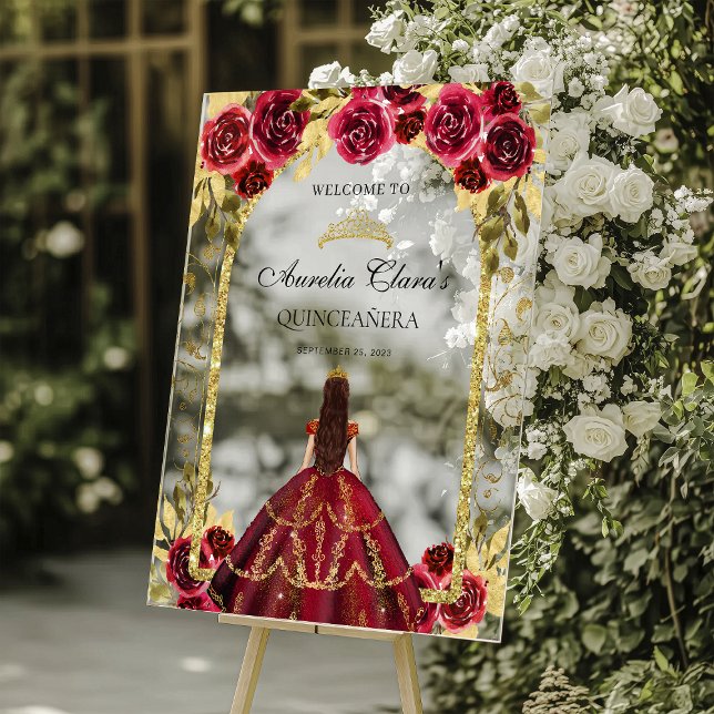 Elegant Red Princess Floral Quinceañera Birthday Acrylic Sign (Creator Uploaded)