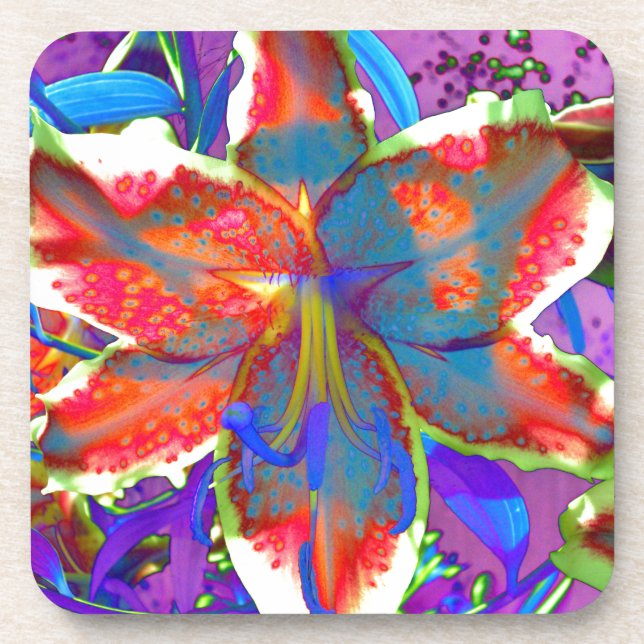 Elegant red purple blue floral  Lily Beverage Coaster (Front)