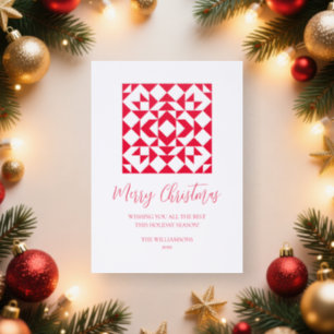 Elegant Red Quilt Minimalist Modern Christmas Letterpress Photo Cards