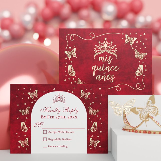 Elegant Red Quinceañera 15th Gold Tiara Butterfly RSVP Card (Elegant Red Quinceañera 15th Gold Tiara Butterfly RSVP Card)