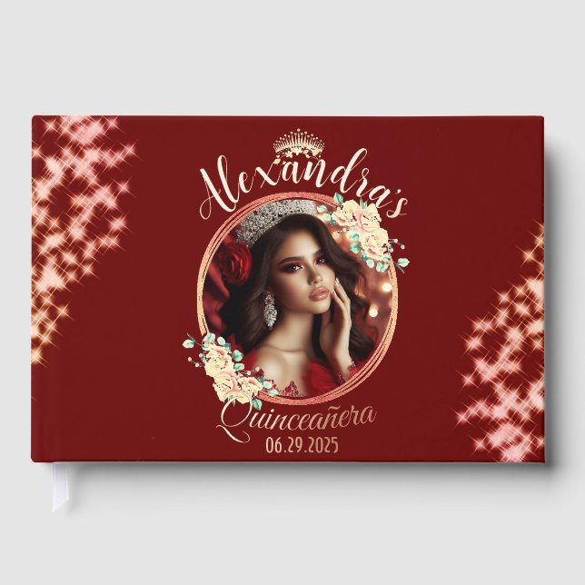 Elegant Red Quinceañera Celebration Spanish  Foil Guest Book (Front)