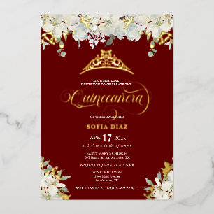 Elegant Red Quinceañera Floral Gold Foil Invitation