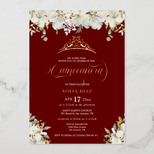 Elegant Red Quinceaera Floral Gold Foil Invitation