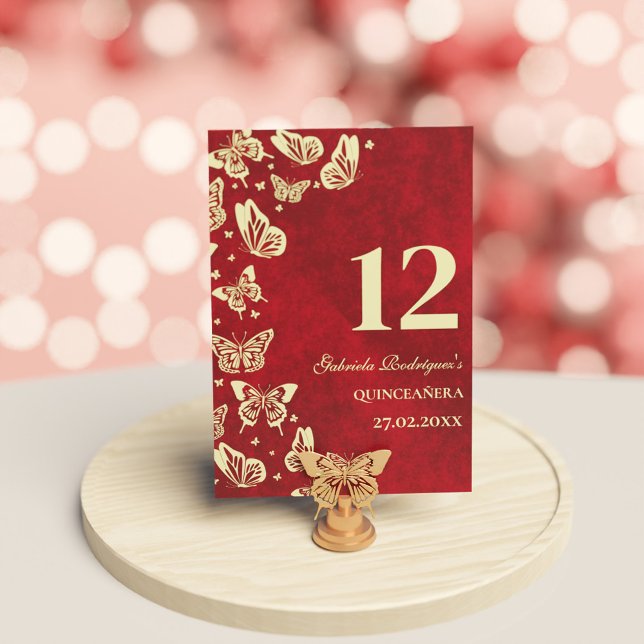 Elegant Red Quinceañera Gold Butterflies Seating Table Number (Elegant Red Quinceañera Gold Butterflies Seating Table Number)