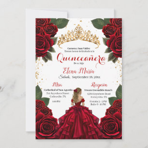 Elegant Red Quinceañera Roses Gold Glitter Invitation