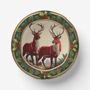 Elegant Red Reindeer Moose Gold Holly merry Xmas Paper Bowls