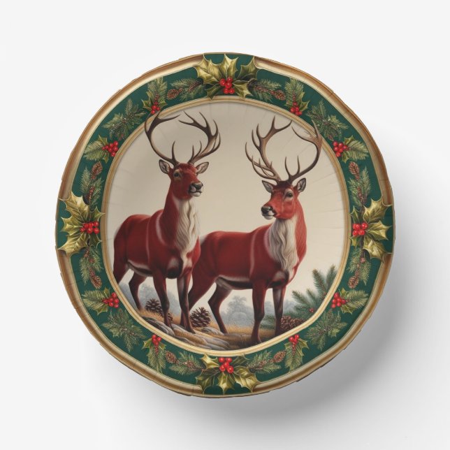 Elegant Red Reindeer Moose Gold Holly merry Xmas Paper Bowls (Front)