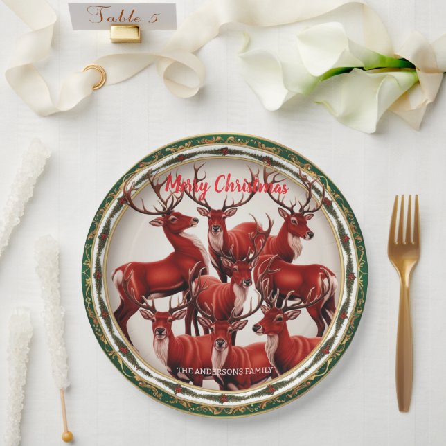 Elegant Red Reindeer Moose Gold snow merry Xmas Paper Plates (Wedding)
