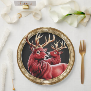 Elegant Red Reindeer Moose Gold snow merry Xmas Paper Plates