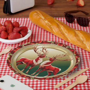 Elegant Red Reindeer Moose Gold snow merry Xmas Paper Plates
