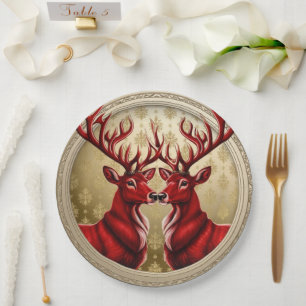 Elegant Red Reindeer Moose Gold snow merry Xmas Paper Plates