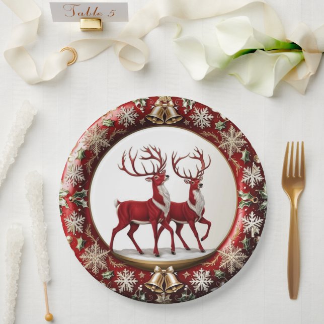 Elegant Red Reindeer Moose Gold snow merry Xmas Paper Plates (Wedding)