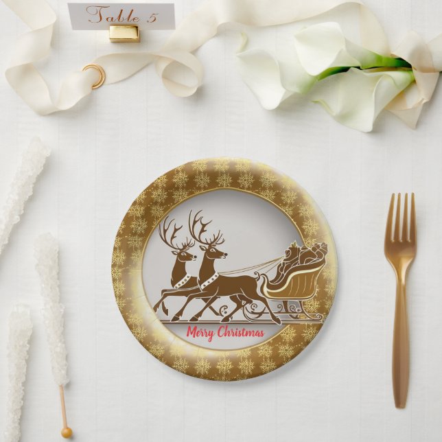 Elegant Red Reindeer Sled Gold Snow merry Xmas Paper Plates (Wedding)