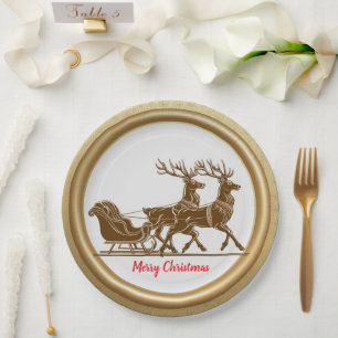 Elegant Red Reindeer Sled Gold Snow merry Xmas Paper Plates