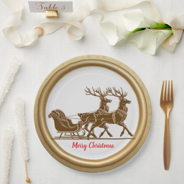 Elegant Red Reindeer Sled Gold Snow merry Xmas Paper Plates (Wedding)